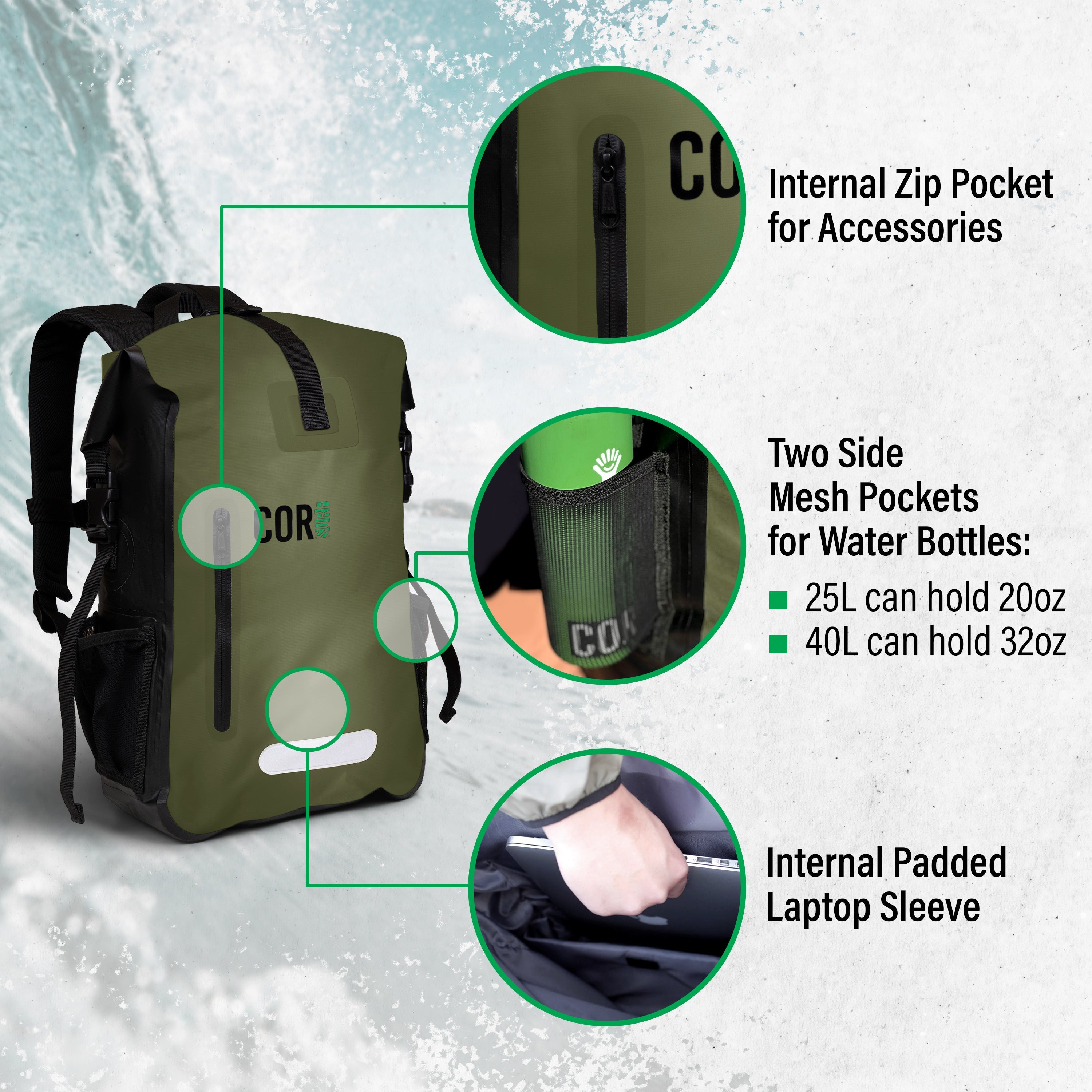 COR Surf 25L waterproof dry backpack with adjustable straps and roll-top closure, designed for outdoor water activities.