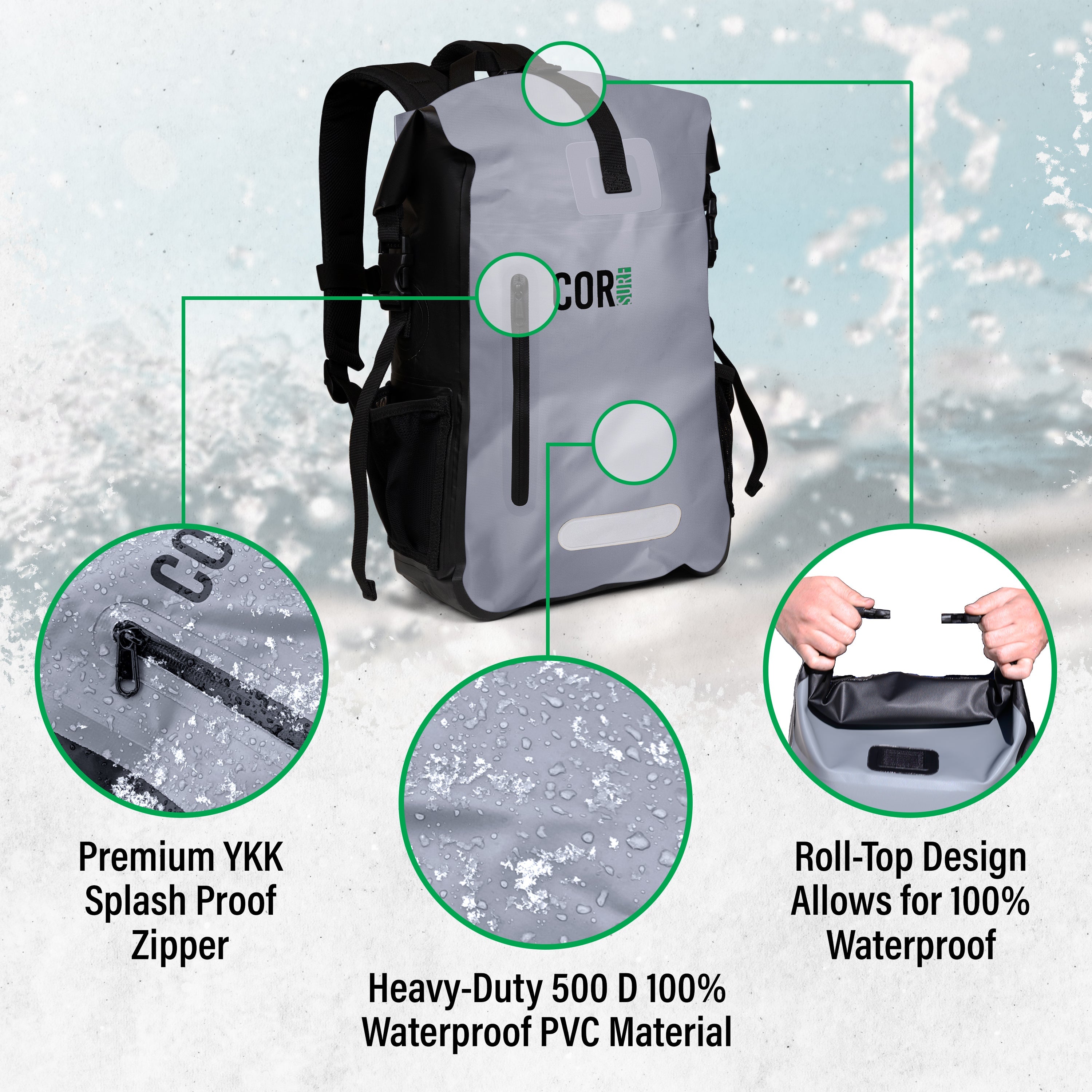 COR Surf 25L waterproof dry backpack with roll-top closure and adjustable straps, designed for outdoor water activities.