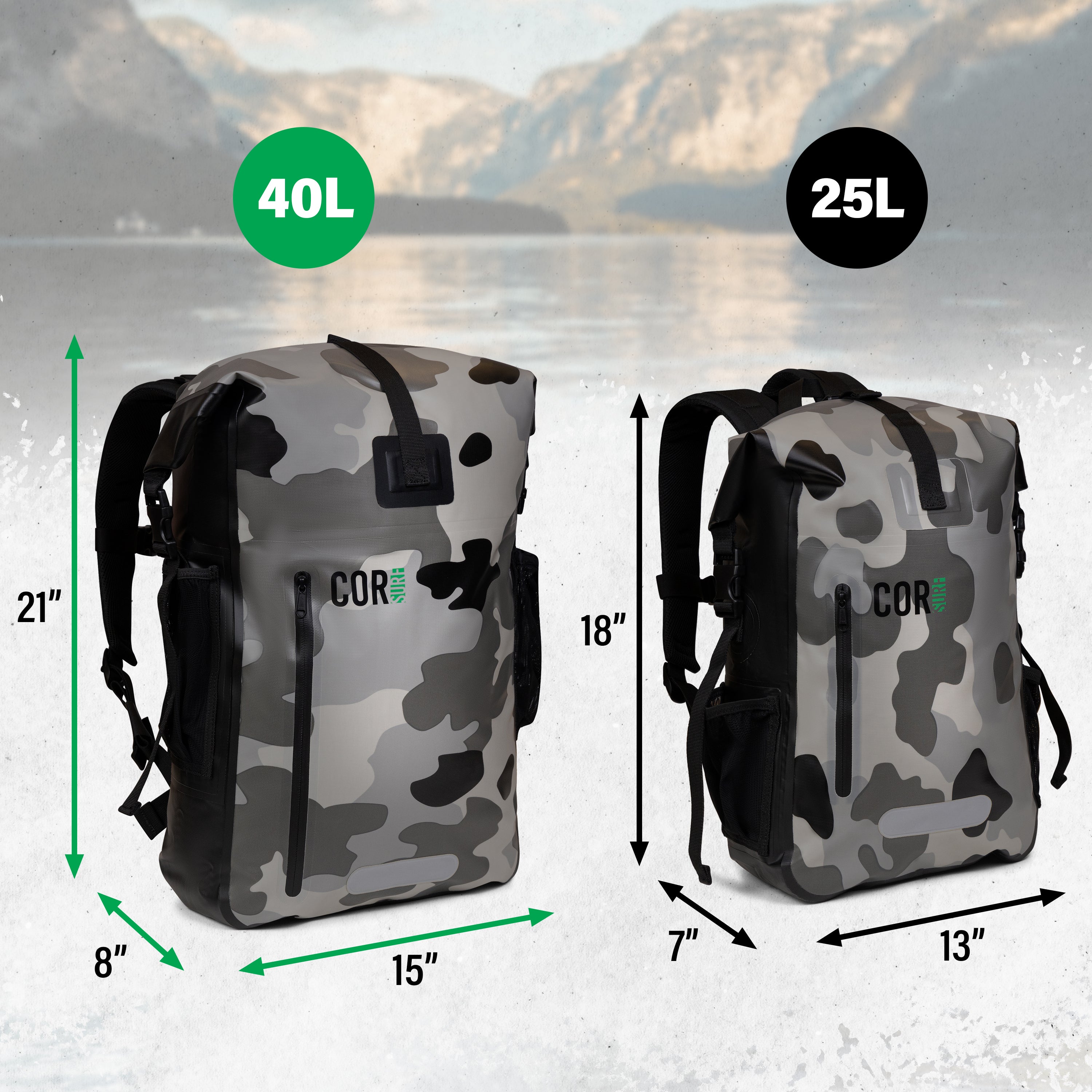 Cor Surf 25L waterproof dry backpack with roll-top closure, durable waterproof material, and adjustable straps for outdoor adventures.