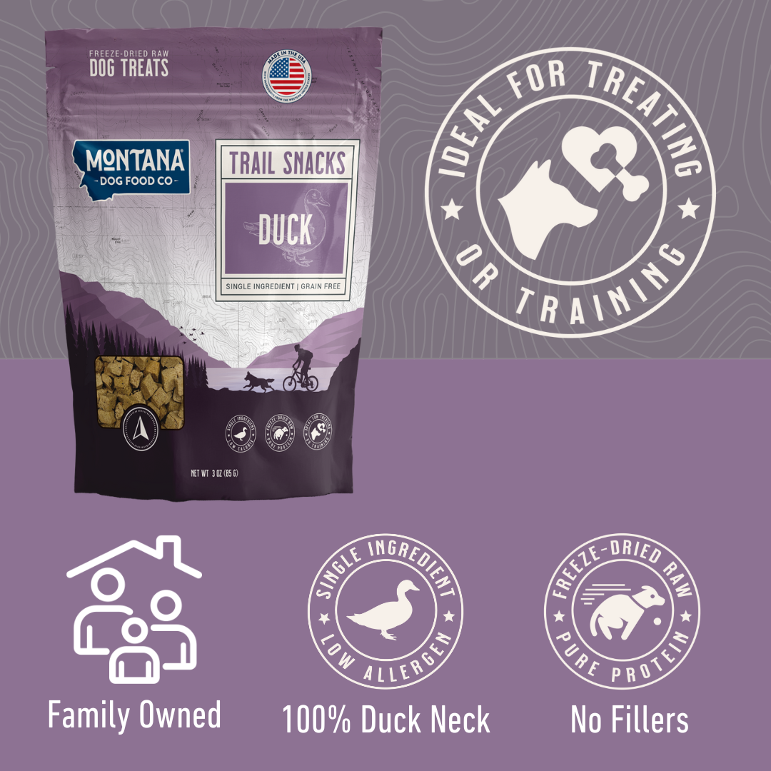 Freeze-dried duck dog treats in a 3oz package from Montana Dog Food Co, highlighting the natural, healthy snack for dogs.