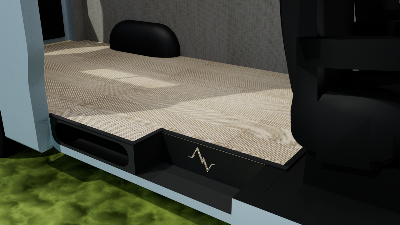 Insulated Sprinter Floor Kit by Alpine Van Works, LLC, showing beige and gray floor panels with textured surface and installation details.