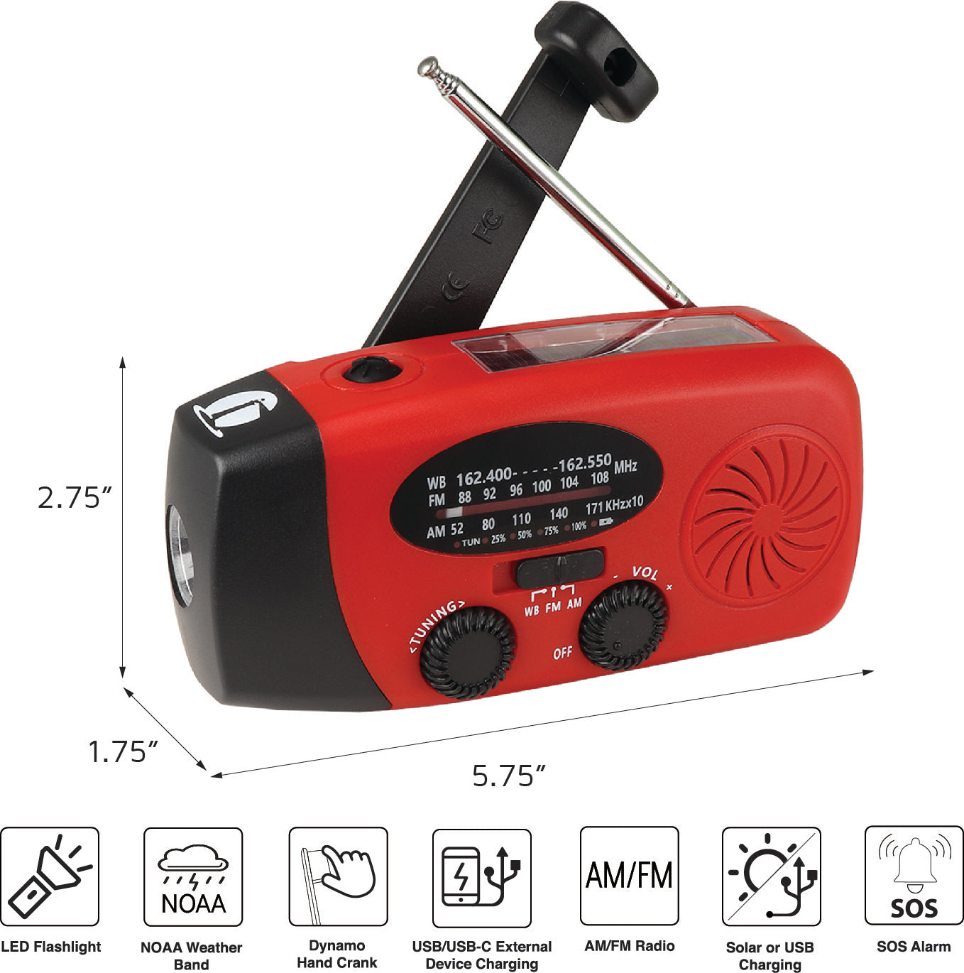 4-in-1 Dynamo NOAA radio with flashlight and solar charging features, showcasing its compact design and functionality.