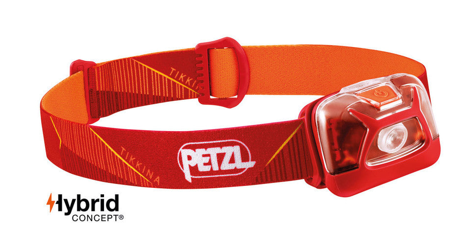 Petzl Tikkina headlamp with 250 lumens, black adjustable strap, and compact design for outdoor activities and hands-free lighting.