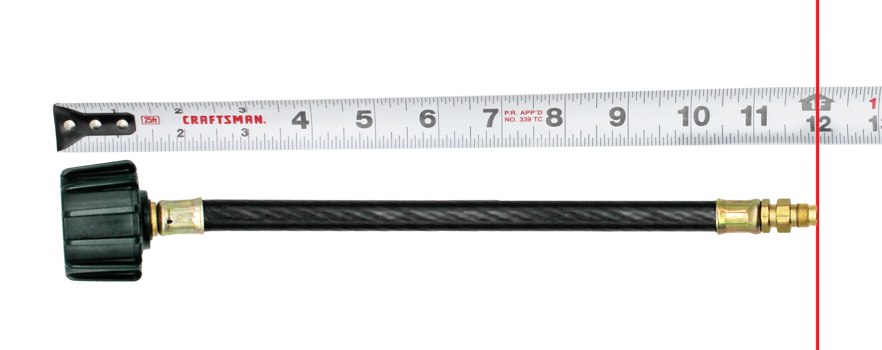 Flame King 12-inch RV trailer propane tank pigtail hose connector with measurement markings for secure gas connection.