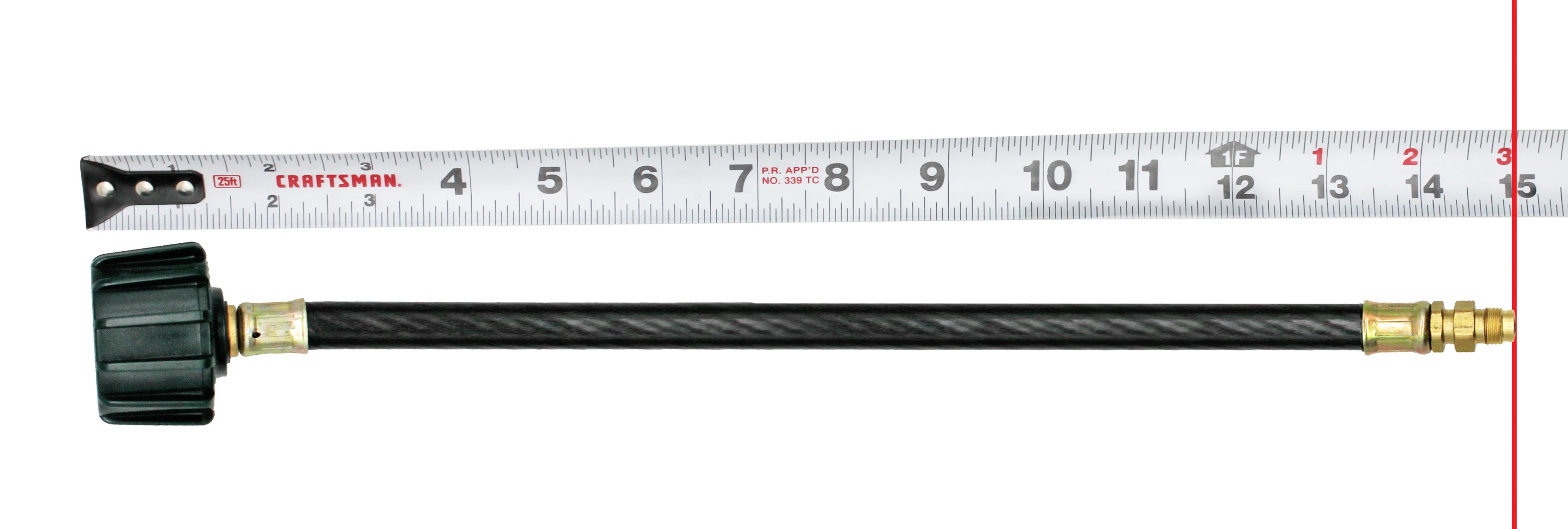 Flame King 15-inch RV propane tank pigtail hose connector with threaded fittings for secure fuel line connection.