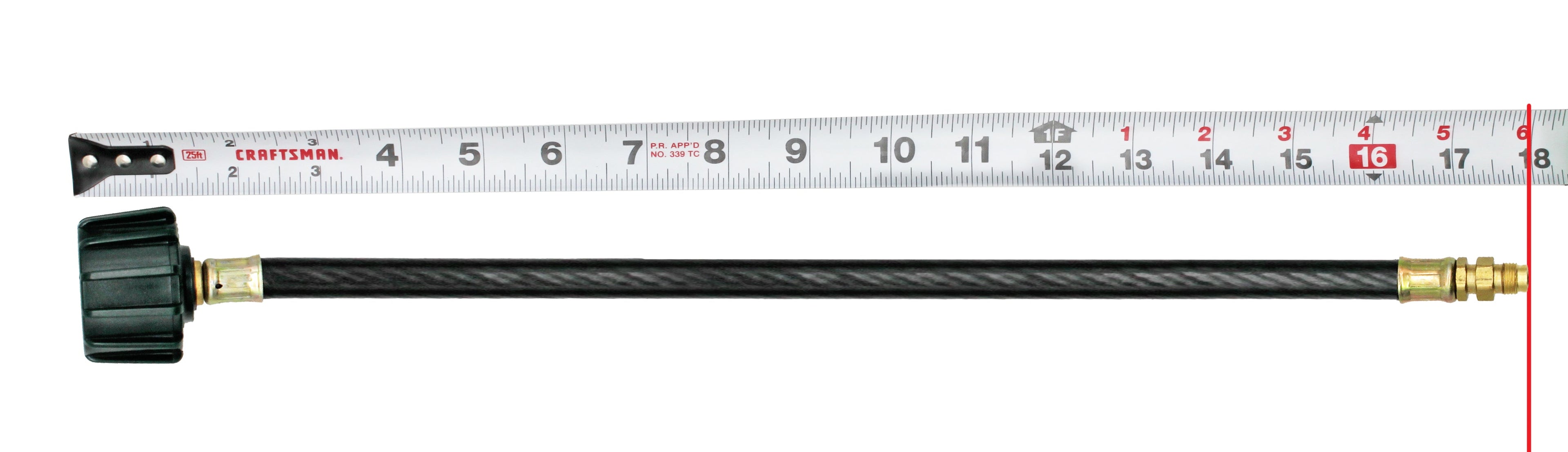 Flame King 18-inch RV propane tank pigtail hose connector with brass fittings, designed for secure gas connection to trailers and RVs.