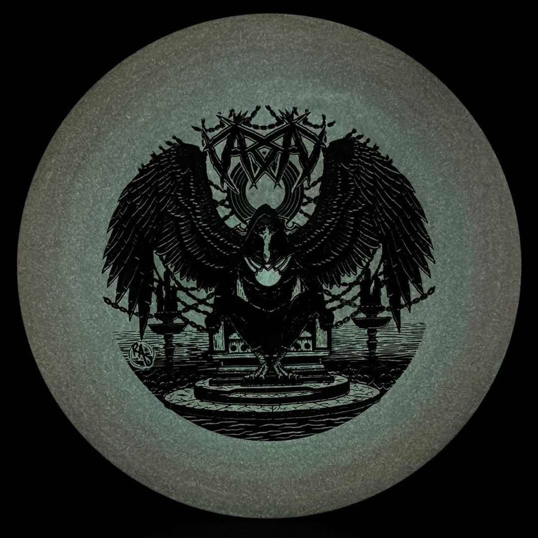 ESP Glo Buzzz disc golf disc by Rare Air Discs featuring Karudi the Overseer design, with a glowing, luminous surface.