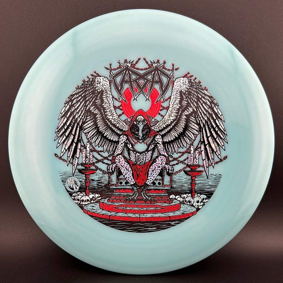 ESP Glo Buzzz disc golf disc by Rare Air Discs featuring Karudi the Overseer design, vibrant glow-in-the-dark plastic, and detailed artwork.