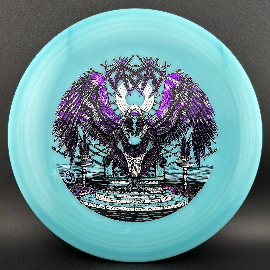 ESP Glo Buzzz disc golf disc by Ripper Studios featuring Karudi the Overseer artwork, bright glow-in-the-dark plastic.