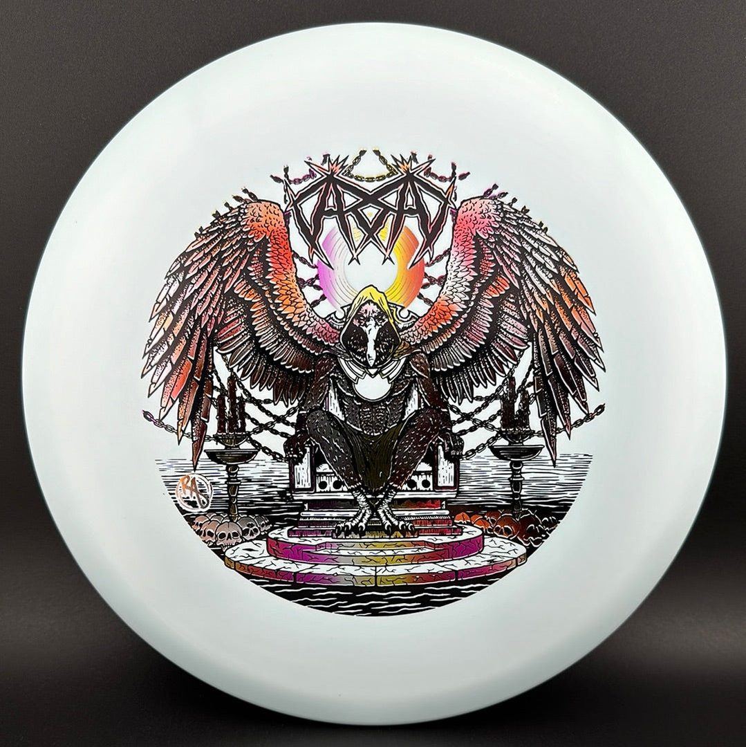 ESP Glo Buzzz disc golf disc by Rare Air Discs featuring Karudi the Overseer design from Cult of RAD series.