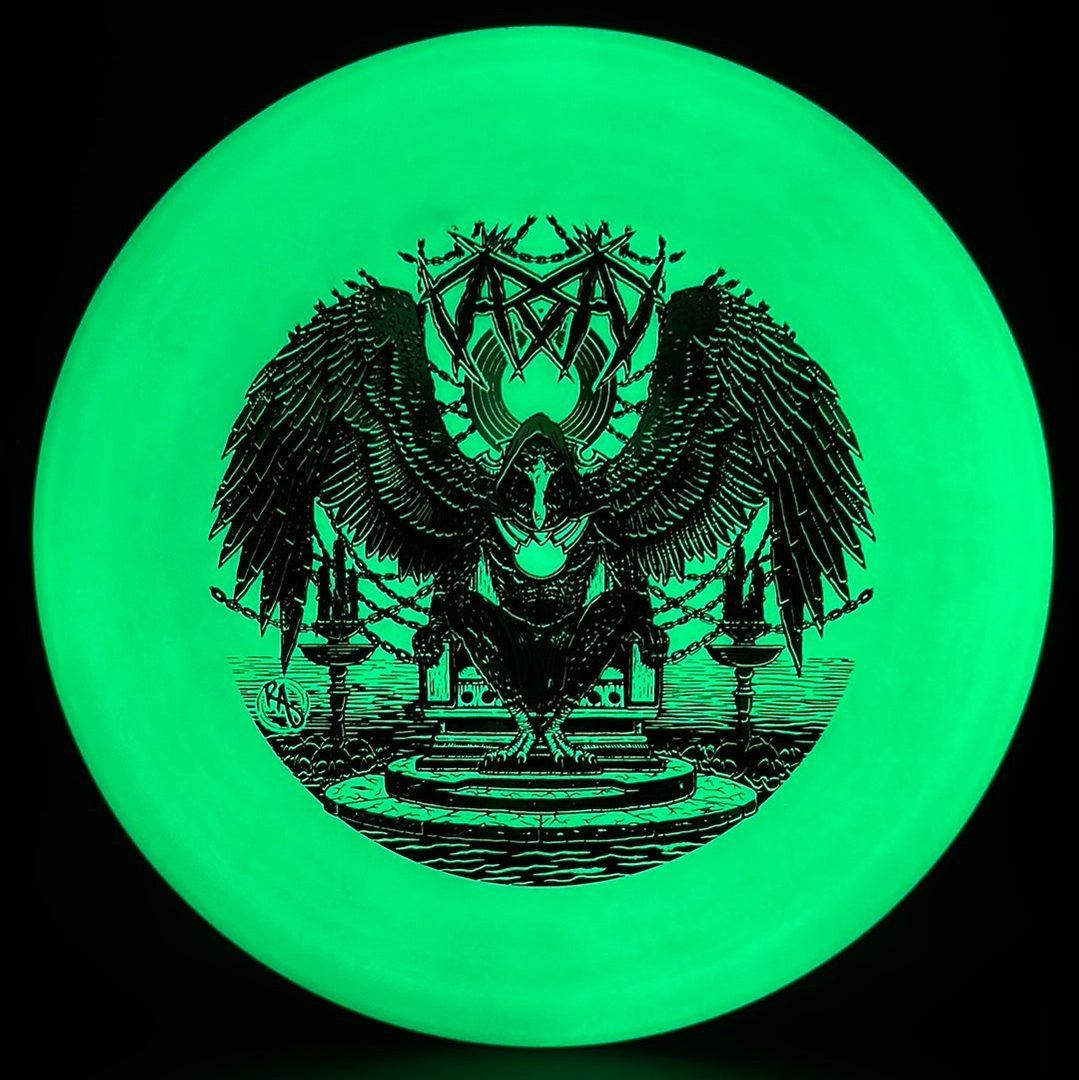Disc golf disc ESP Glo Buzzz by Rare Air Discs, featuring Karudi the Overseer design from Cult of RAD collection.