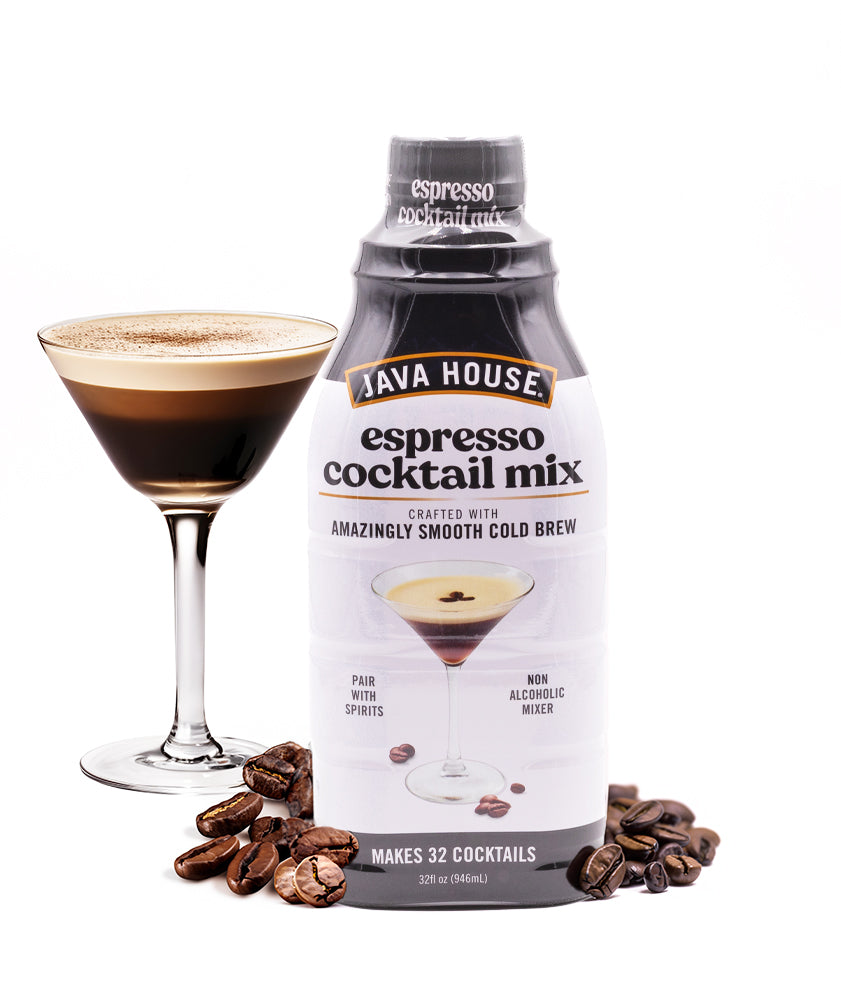 Java House Cold Brew Espresso Martini Mix in 32oz bottle, featuring rich coffee flavor for cocktails.
