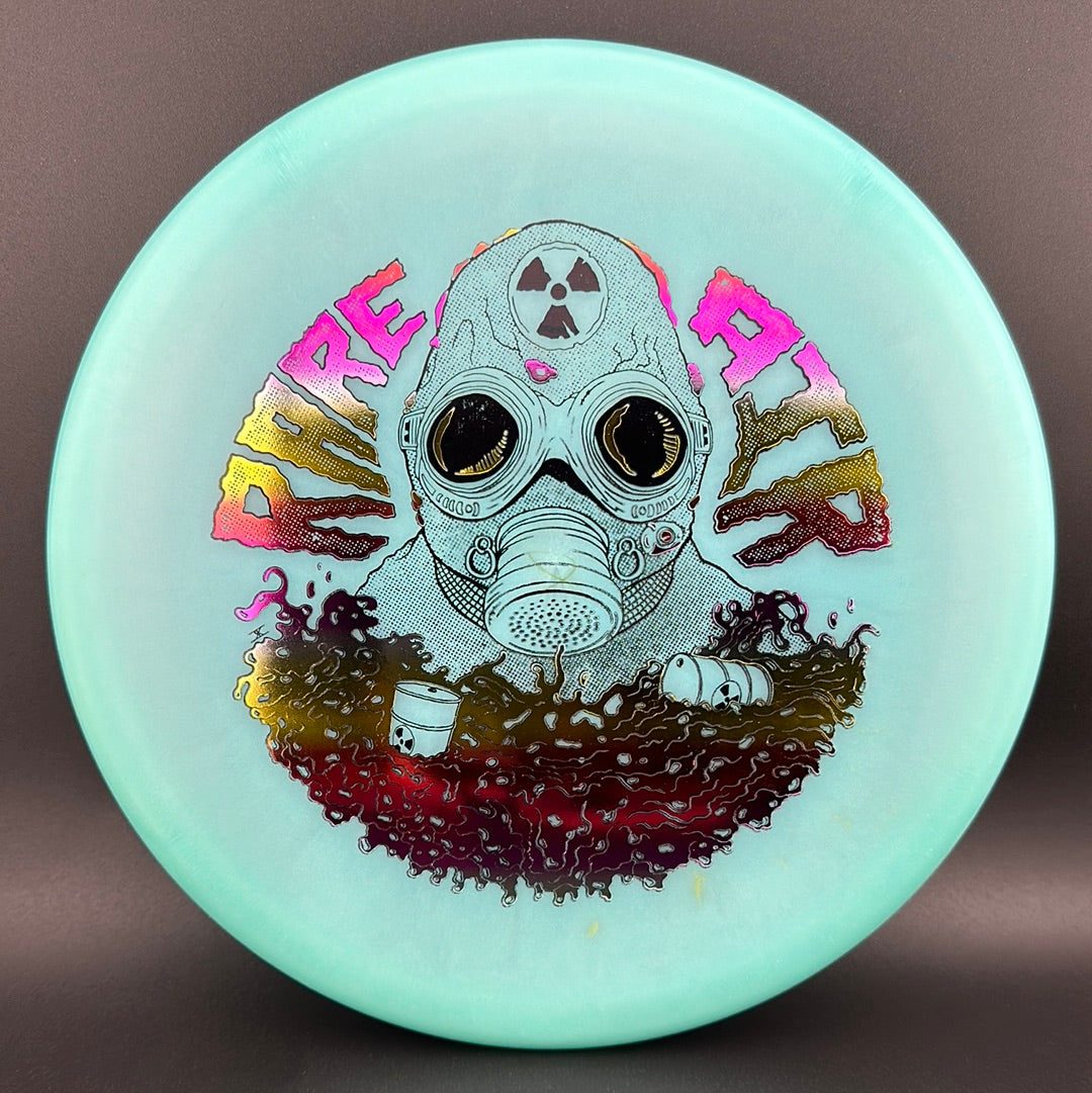 Rare Air Discs Color Lunar Recon Mortar F2 disc golf disc with Radioactive Man stamp, featuring vibrant lunar-themed graphics.