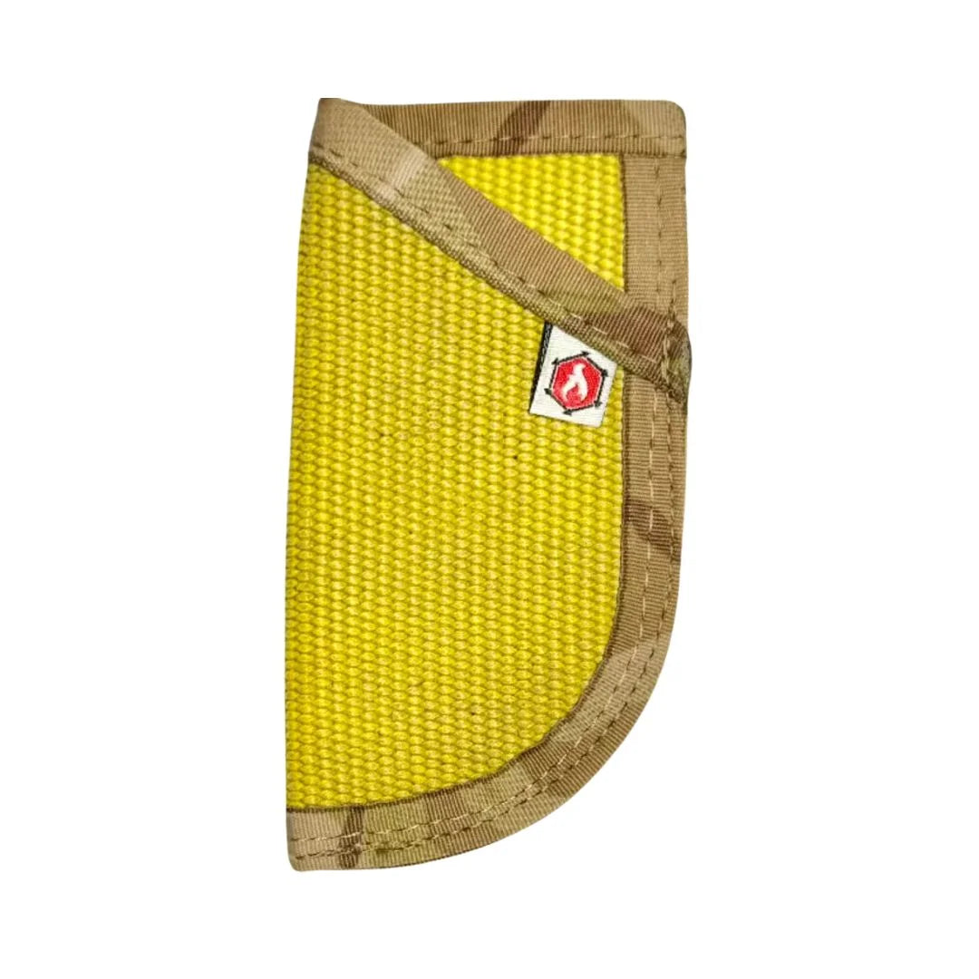 Vintage yellow EDC Pocket Caddy by Recycled Firefighter, showcasing a durable design made from recycled fire hose.