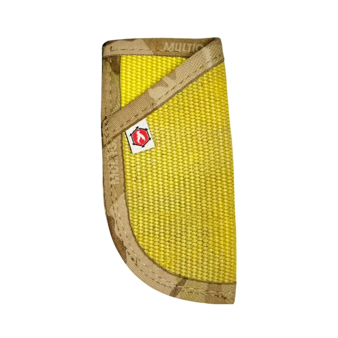 Recycled Firefighter EDC Pocket Caddy in vintage yellow hose, showcasing its compact design and functional features.