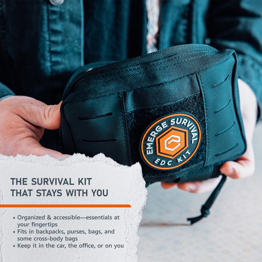 Emerge Survival Everyday Carry (EDC) Kit with multi-tool, flashlight, and compact gear for outdoor and daily use.