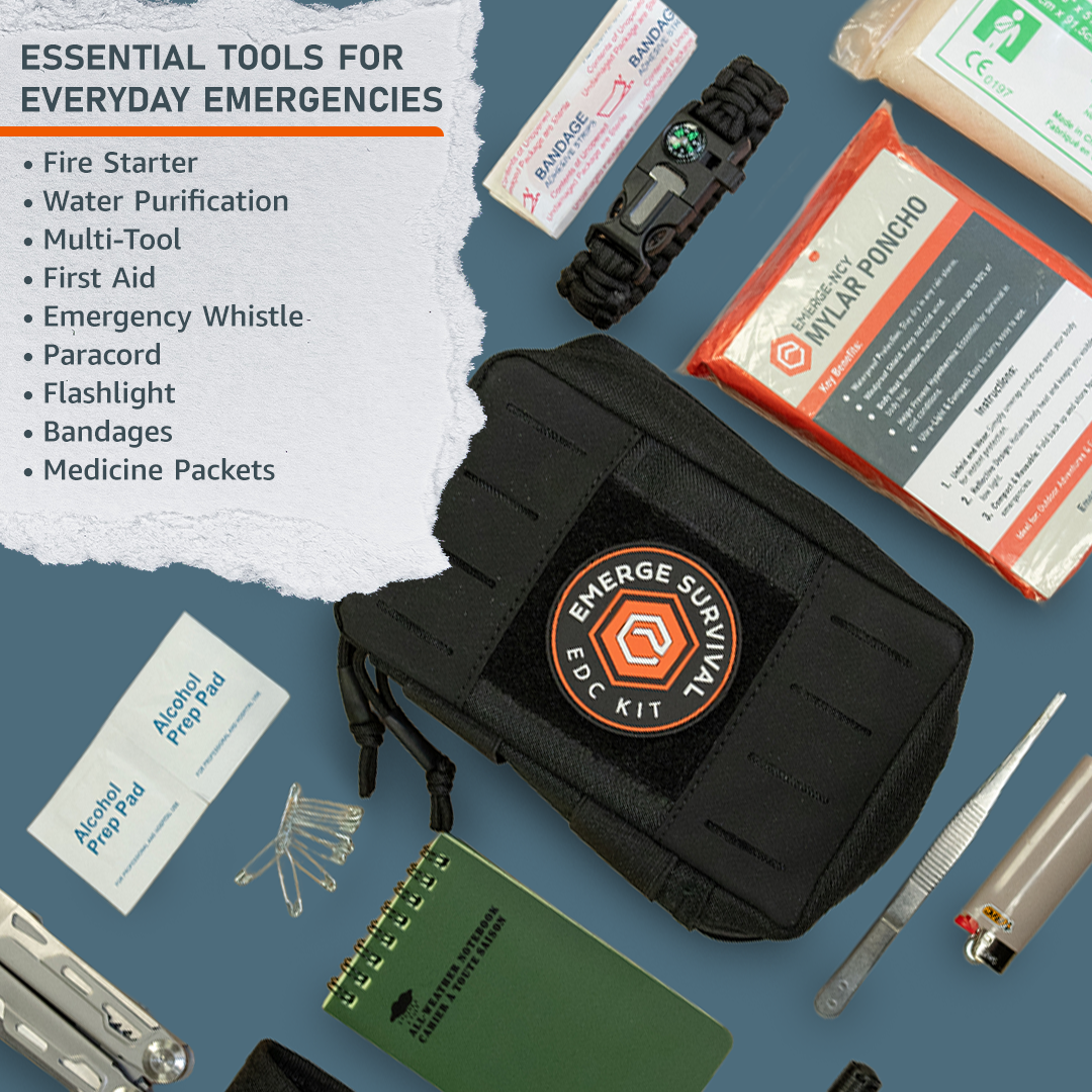 Emerge Survival Every Day Carry (EDC) kit with multi-tool, flashlight, and compact gear for everyday preparedness.