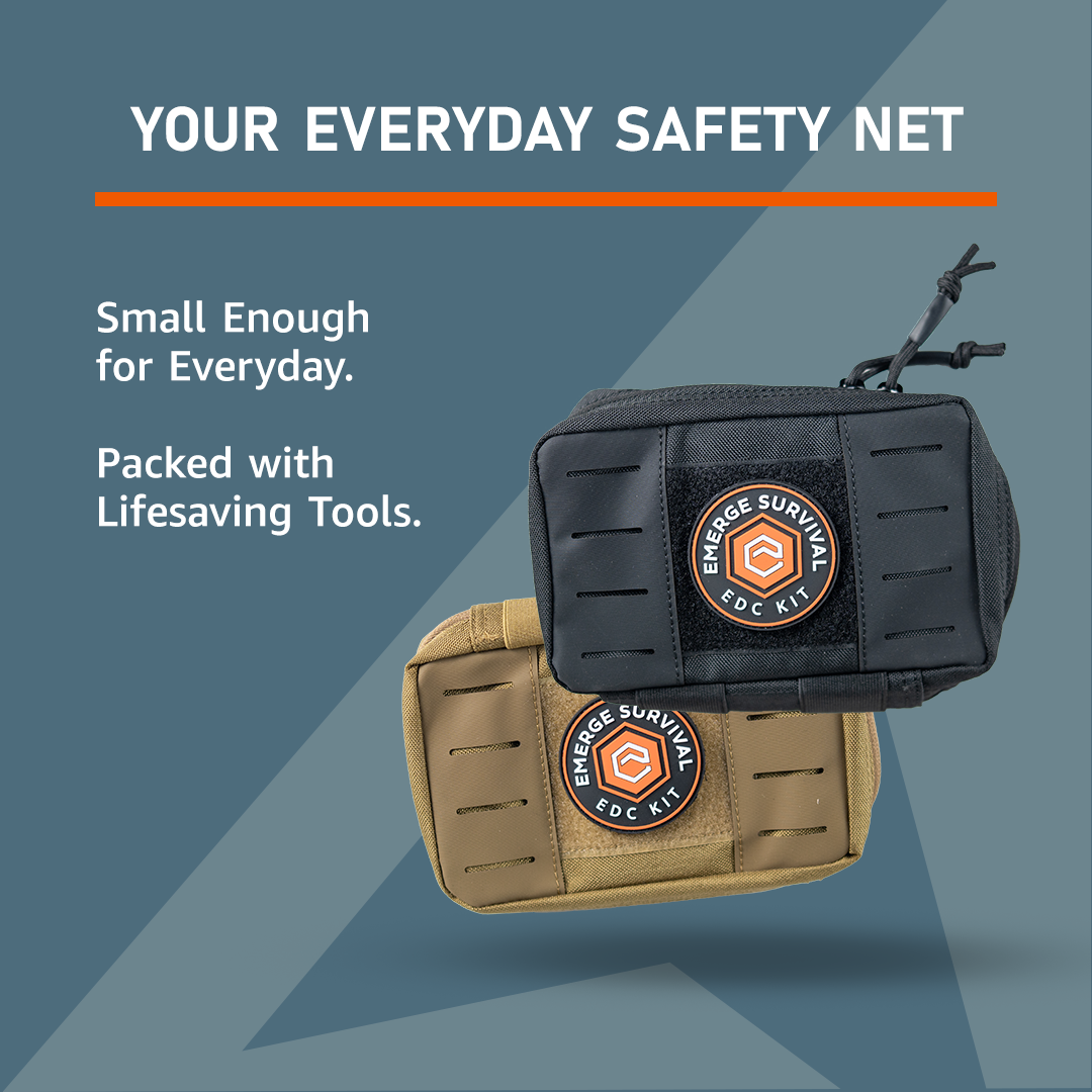 Emerge Survival EDC kit with multi-tool, flashlight, and compact gear for everyday carry and outdoor preparedness.