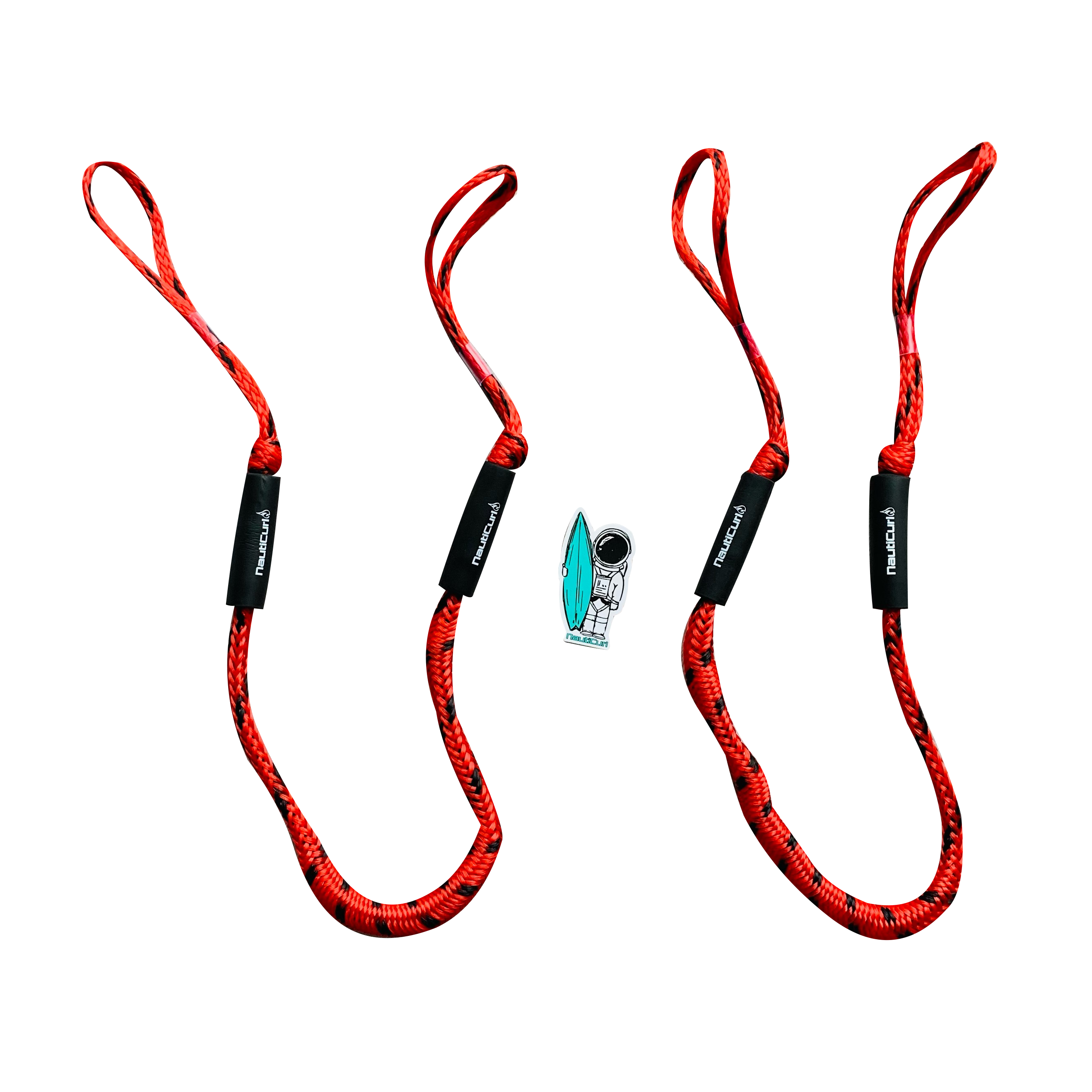 NautiCurl LLC shock-absorbing bungee boat ropes, two-piece accessory with elastic cords for secure marine anchoring or towing.