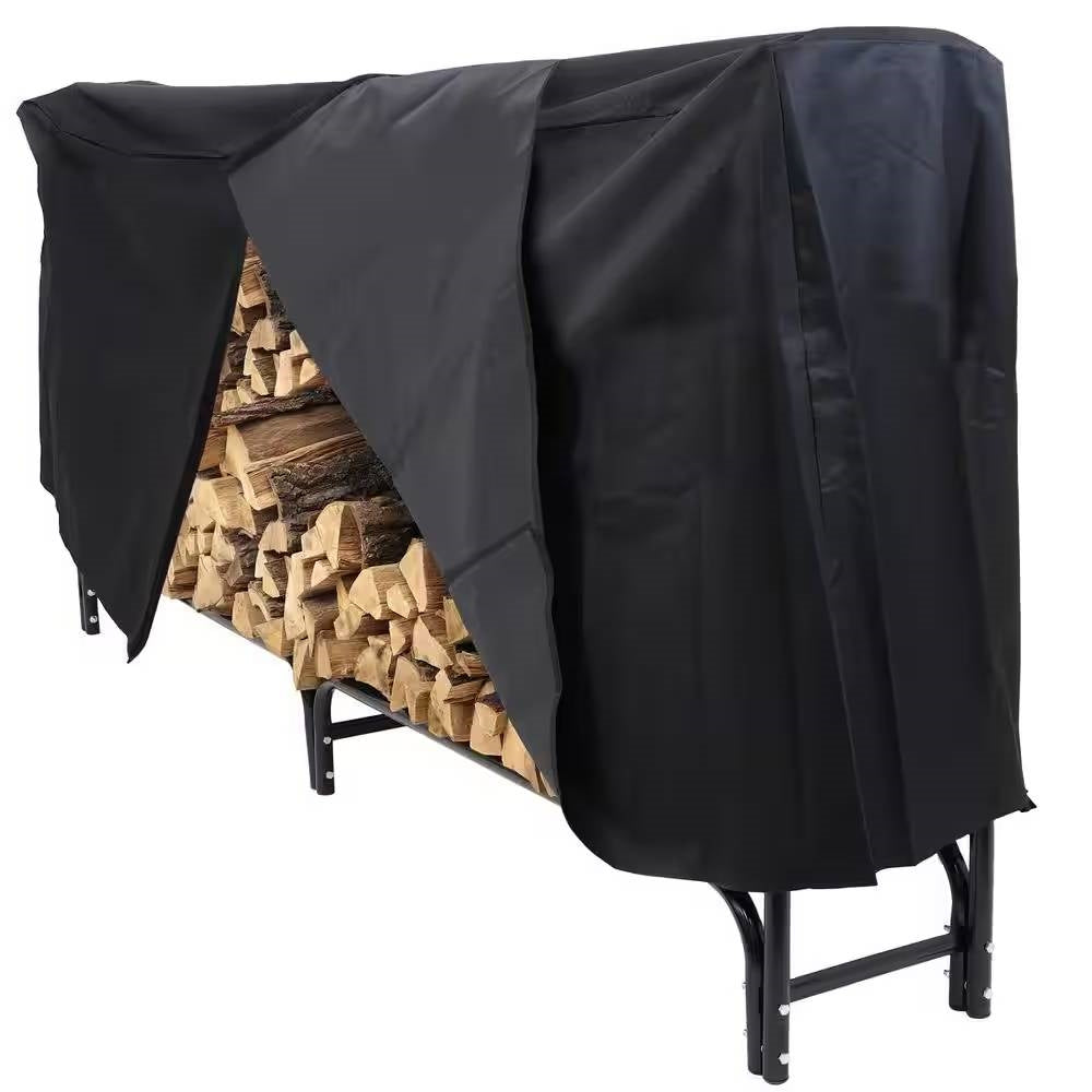 Black metal outdoor firewood rack with cover, 8 feet long, suitable for indoor and outdoor use by HomePacific.