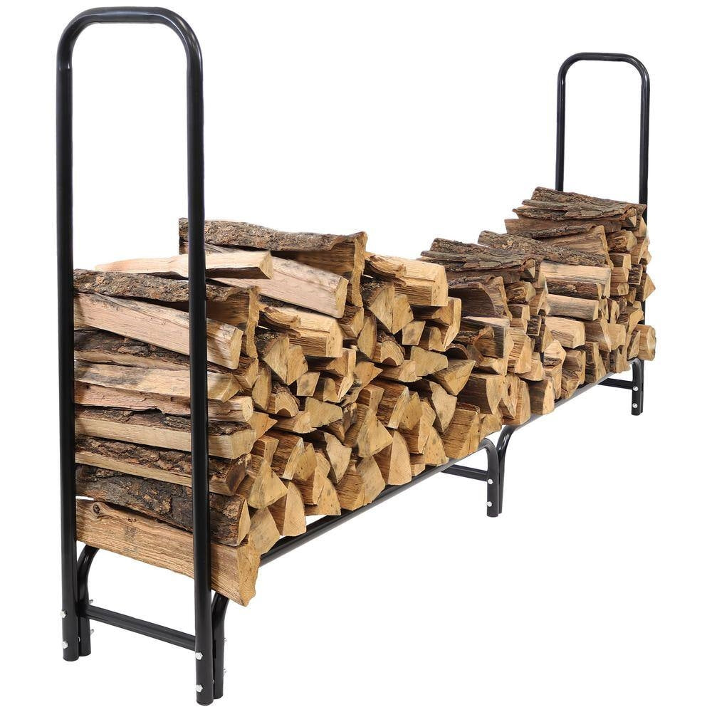 Black metal firewood rack with cover, 8 ft. indoor/outdoor firewood storage by HomePacific, showing the rack filled with firewood.
