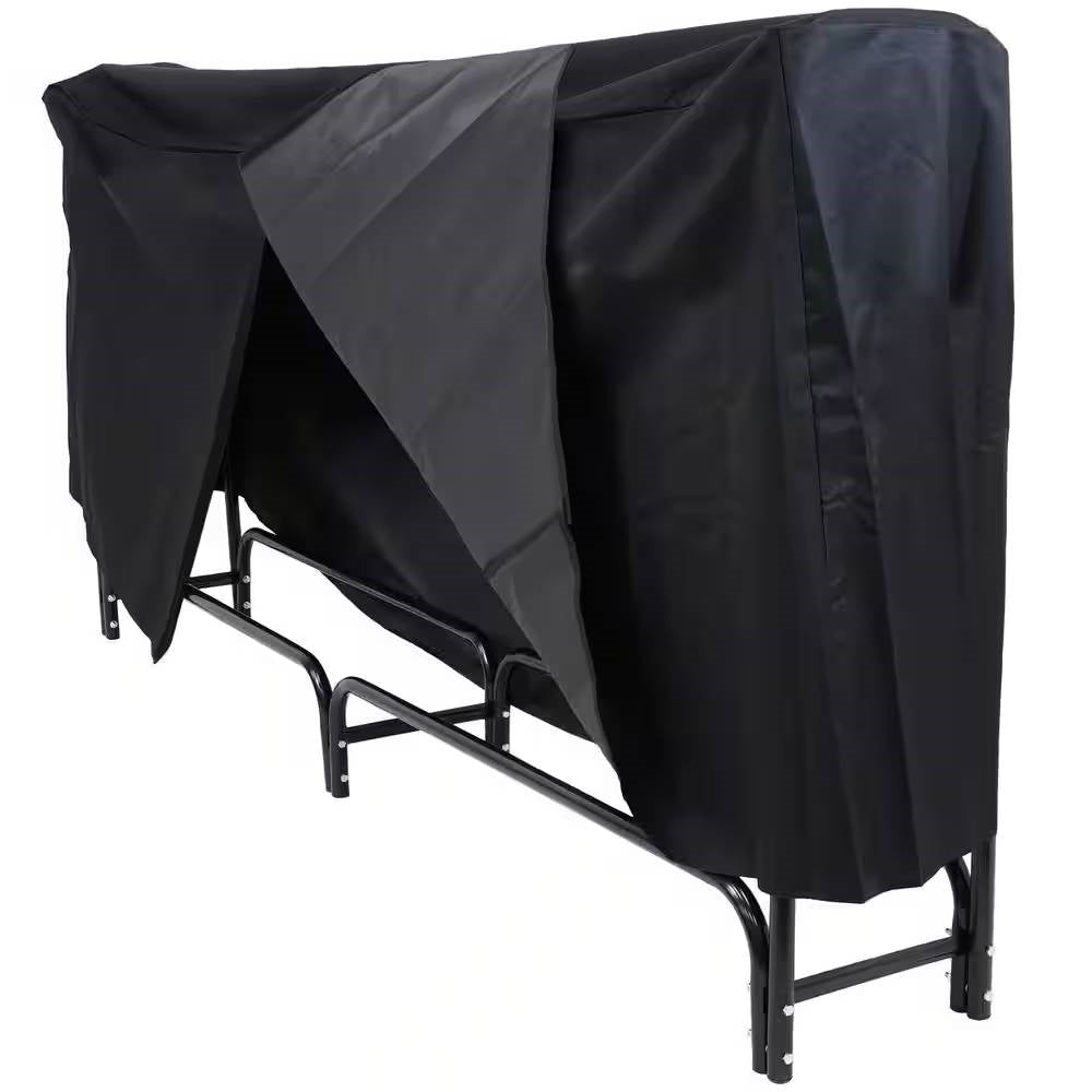 Black metal firewood rack with cover for indoor and outdoor use, 8 feet long, by HomePacific, sturdy and weather-resistant.