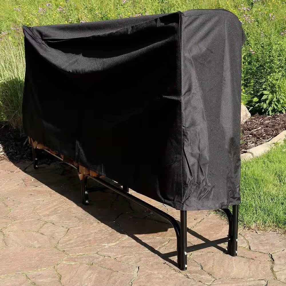 Black metal firewood rack with cover, 8-foot indoor/outdoor storage for logs, sturdy design by HomePacific.