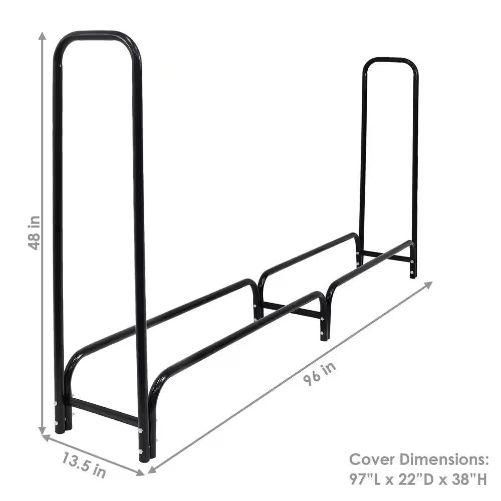 Black metal firewood rack with cover, 8 ft. outdoor firewood storage solution by HomePacific, suitable for indoor and outdoor use.