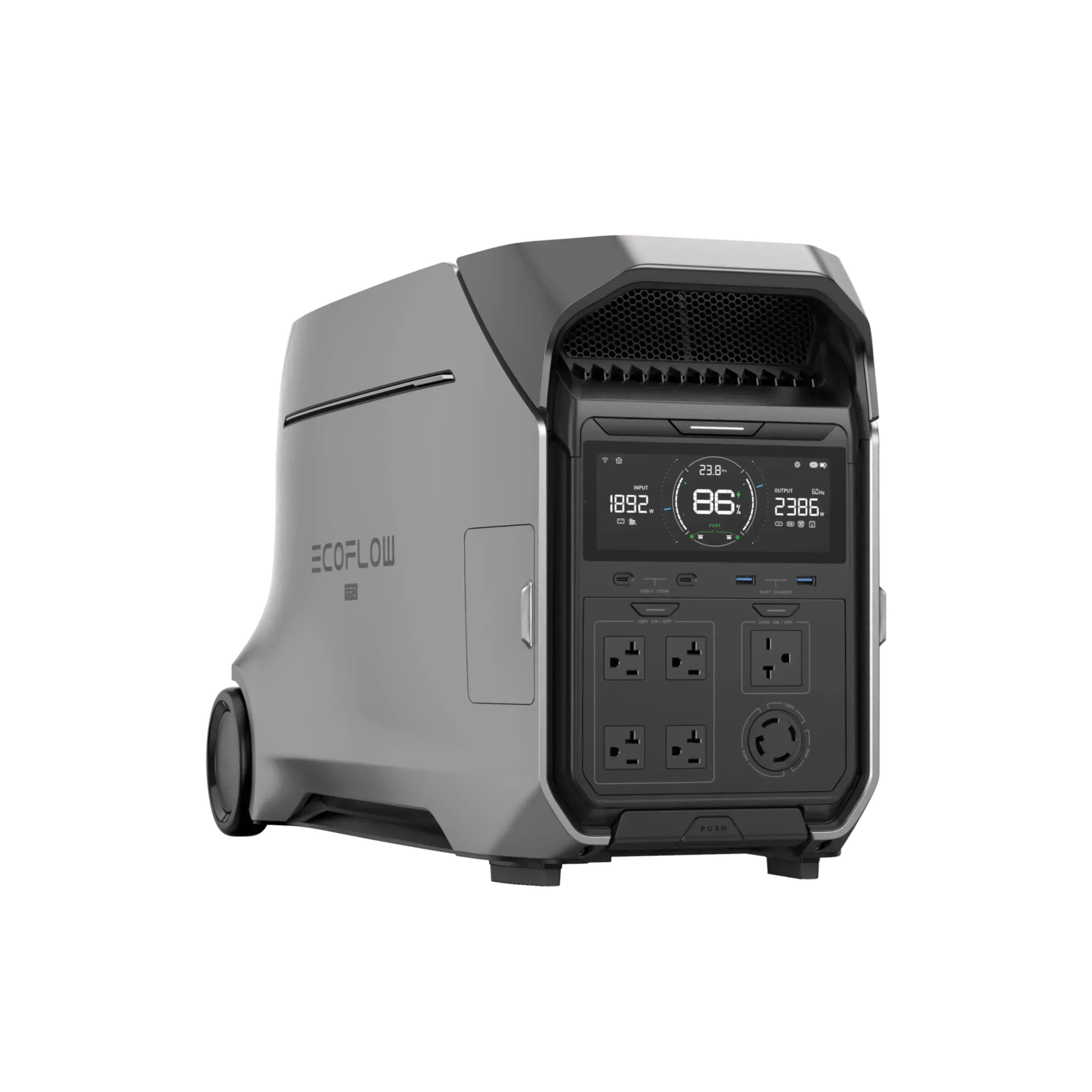EcoFlow DELTA Pro 3 portable solar generator by Green Vista Living, showing a sleek, compact power station with solar input ports.