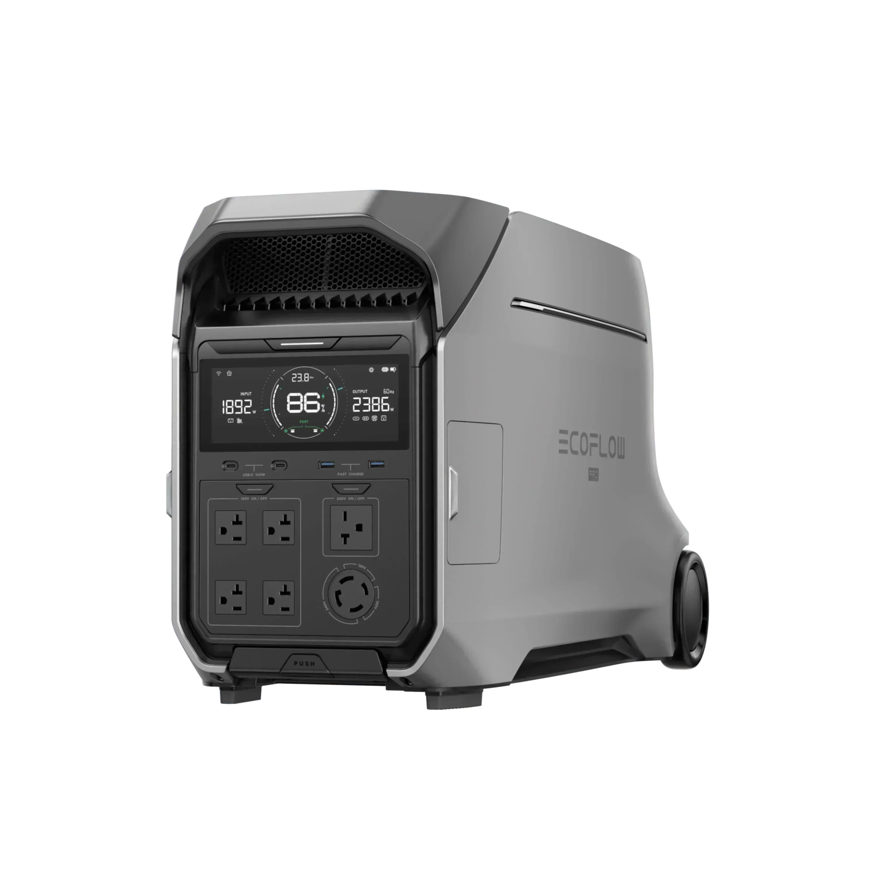 Green Vista Living EcoFlow DELTA Pro 3 portable solar generator with multiple power outlets and solar panel connection.