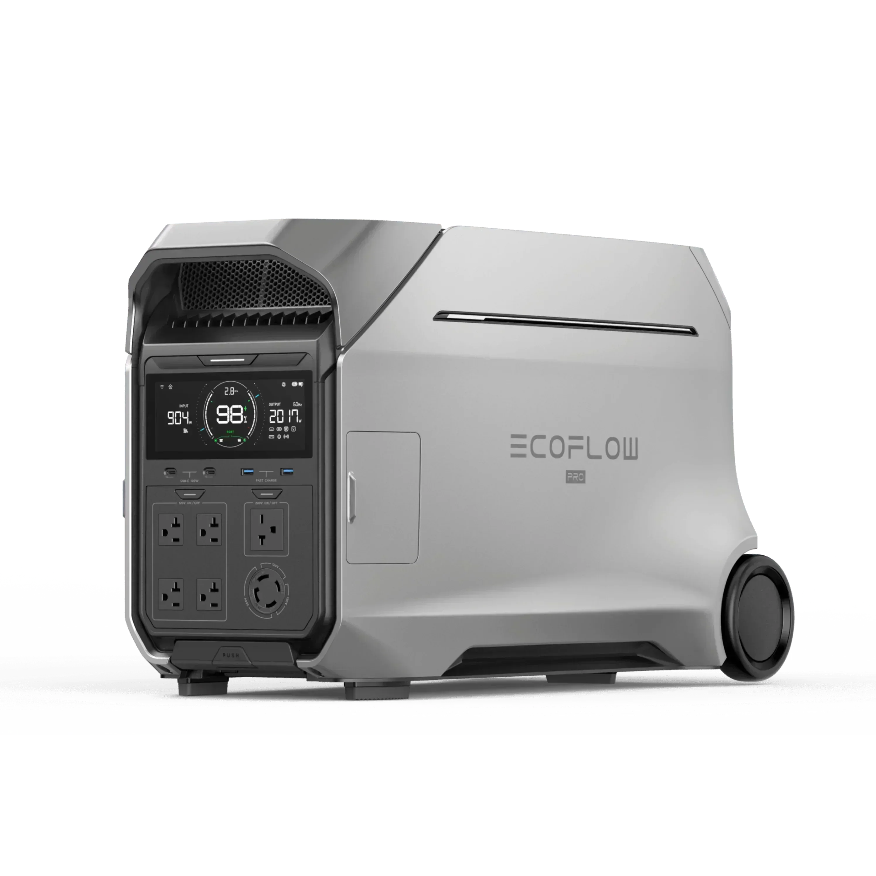 Green Vista Living EcoFlow DELTA Pro 3 portable solar generator with multiple outlets and a sleek design for outdoor power.