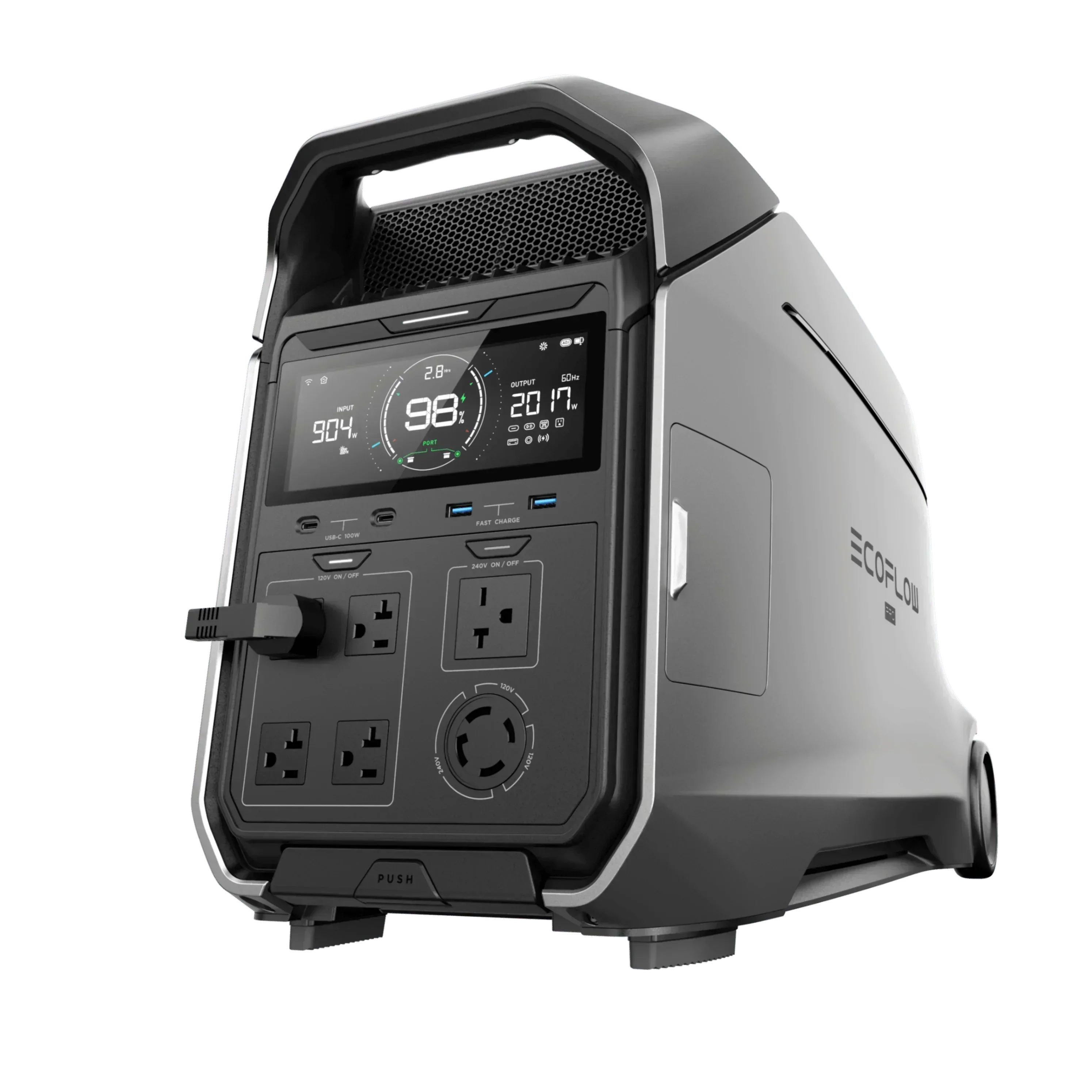 Green Vista Living EcoFlow DELTA Pro 3 portable solar generator with multiple outlets and a compact design for outdoor power.