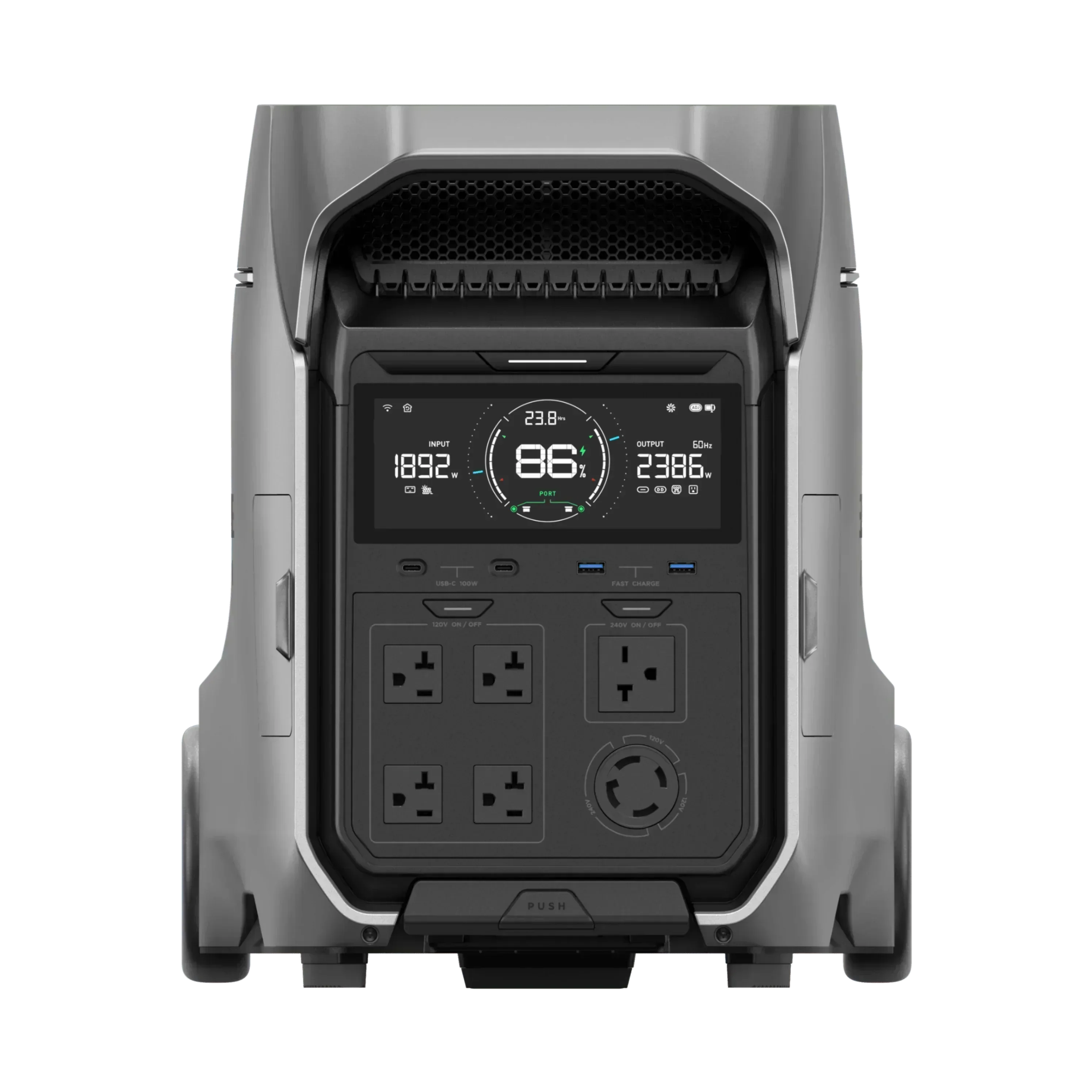 Green Vista Living EcoFlow DELTA Pro 3 portable solar generator with multiple outlets and digital display for outdoor power needs.