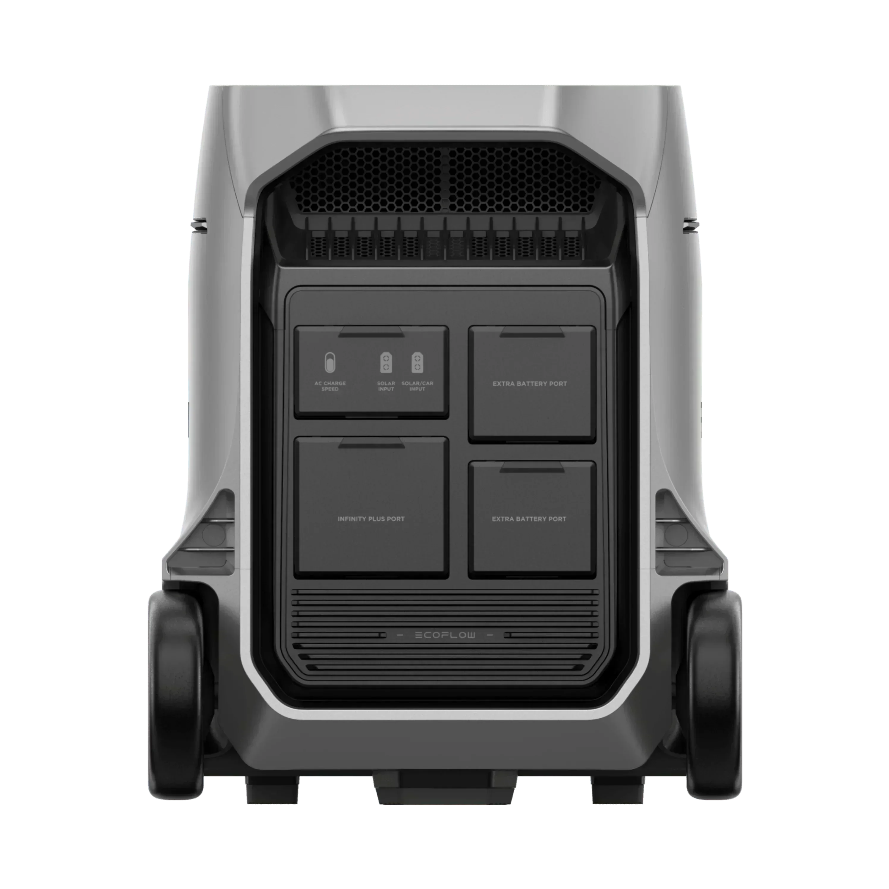 Green Vista Living EcoFlow DELTA Pro 3 portable solar generator with multiple outlets and solar panel connection for backup power.