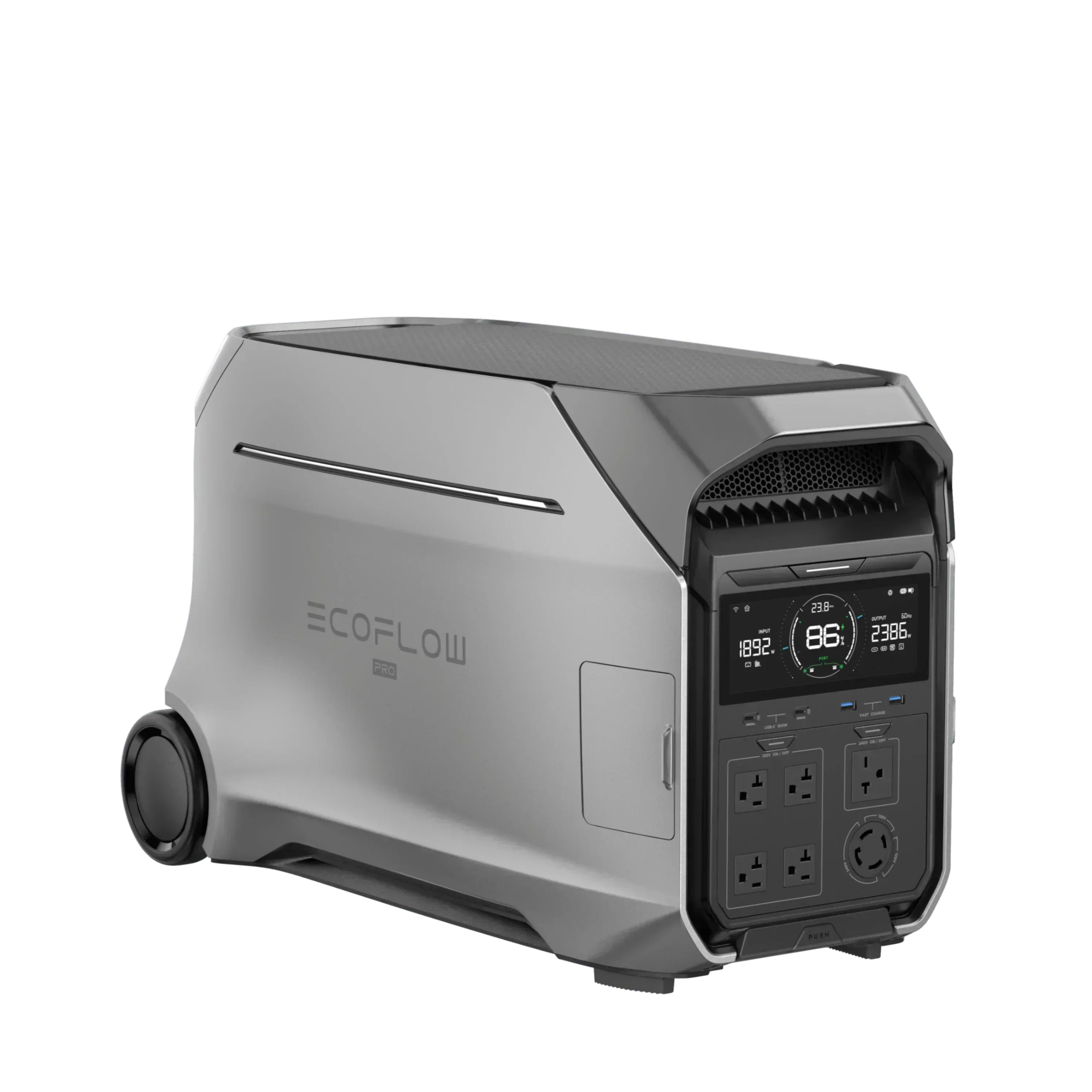Green Vista Living EcoFlow DELTA Pro 3 portable solar generator with solar panels and digital display in a home setting