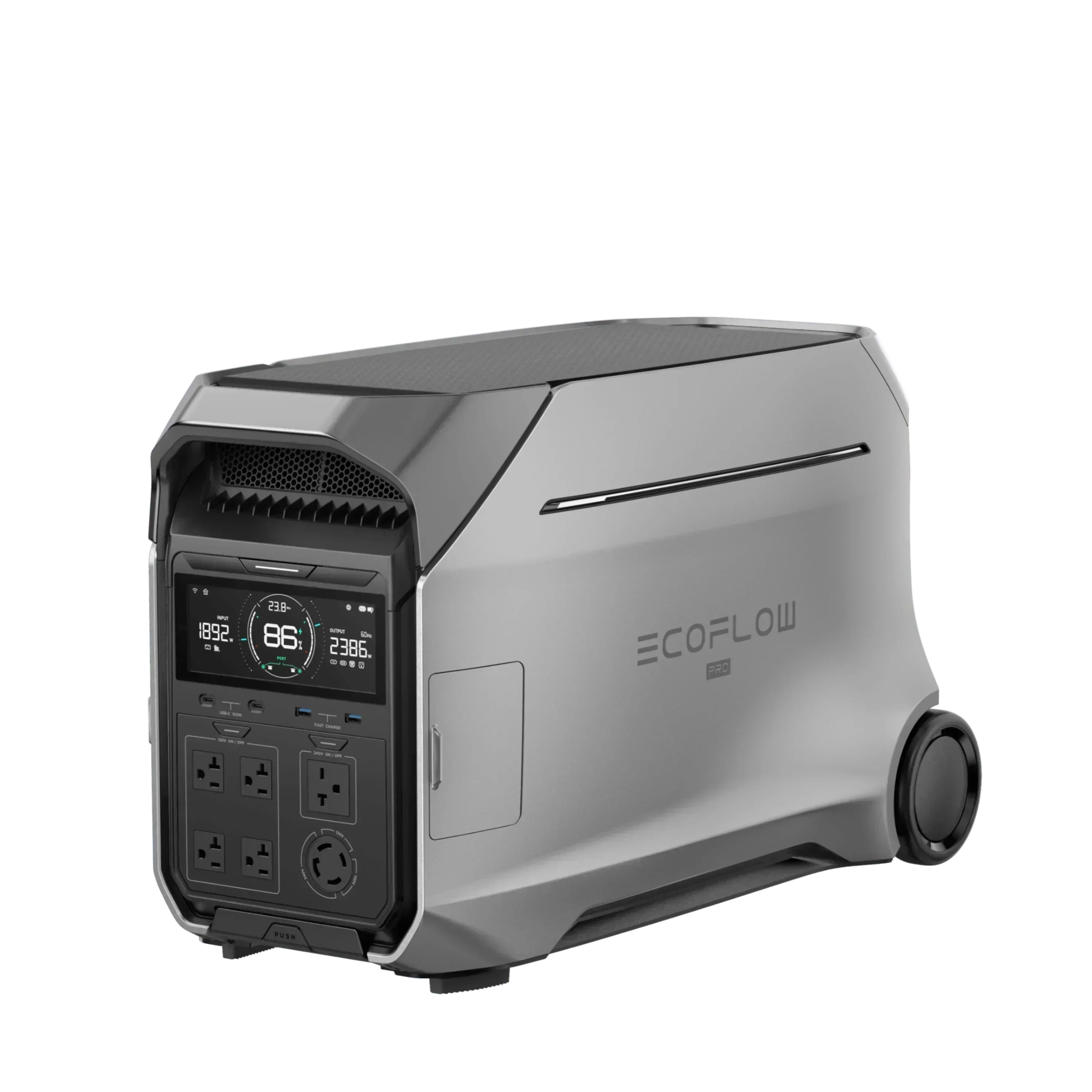 Green Vista Living EcoFlow DELTA Pro 3 portable solar generator with multiple outlets and digital display, ideal for off-grid power.
