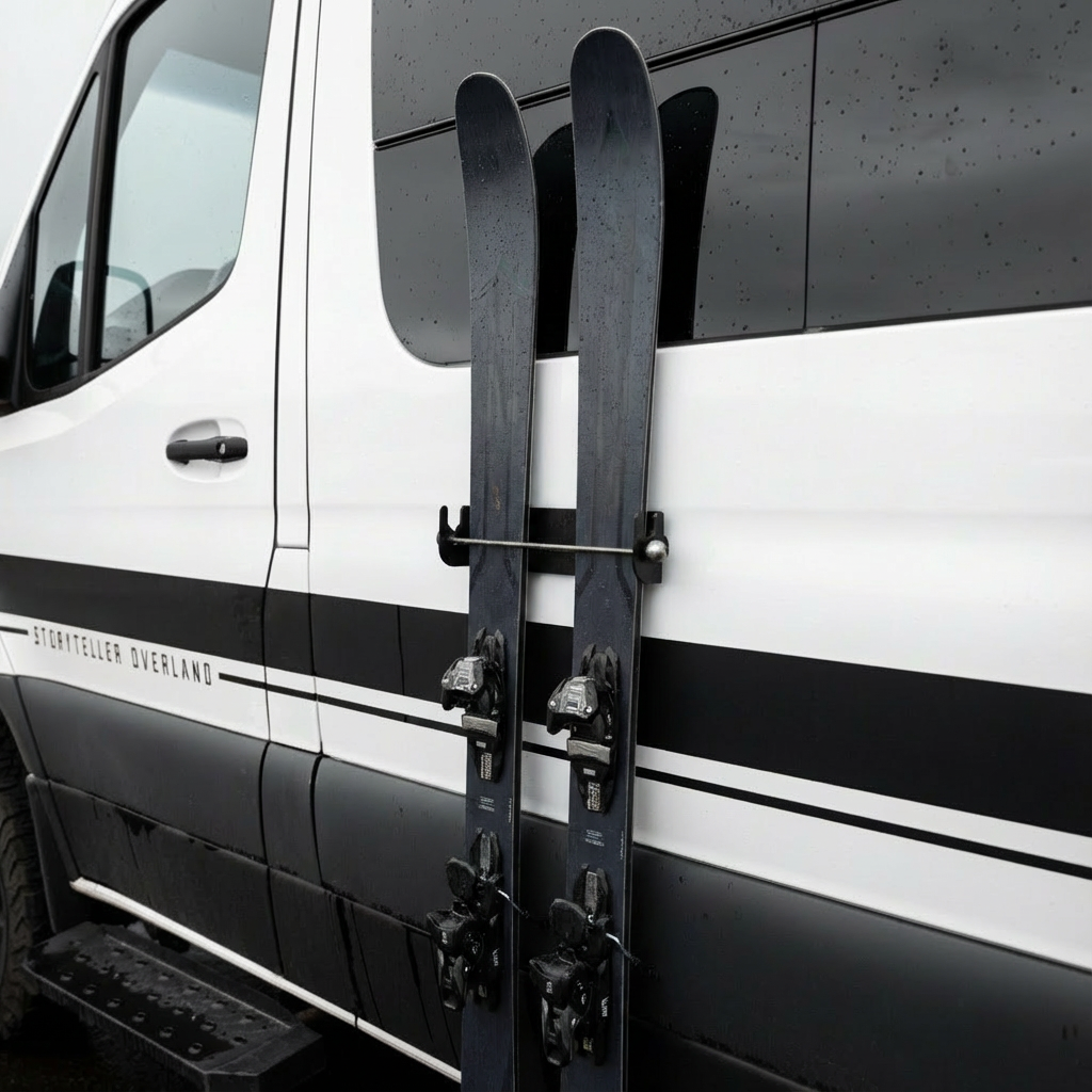 Magnetic ski and snowboard holder made by Canyon Adventure Vans, designed for secure transport of skis and snowboards in Utah.