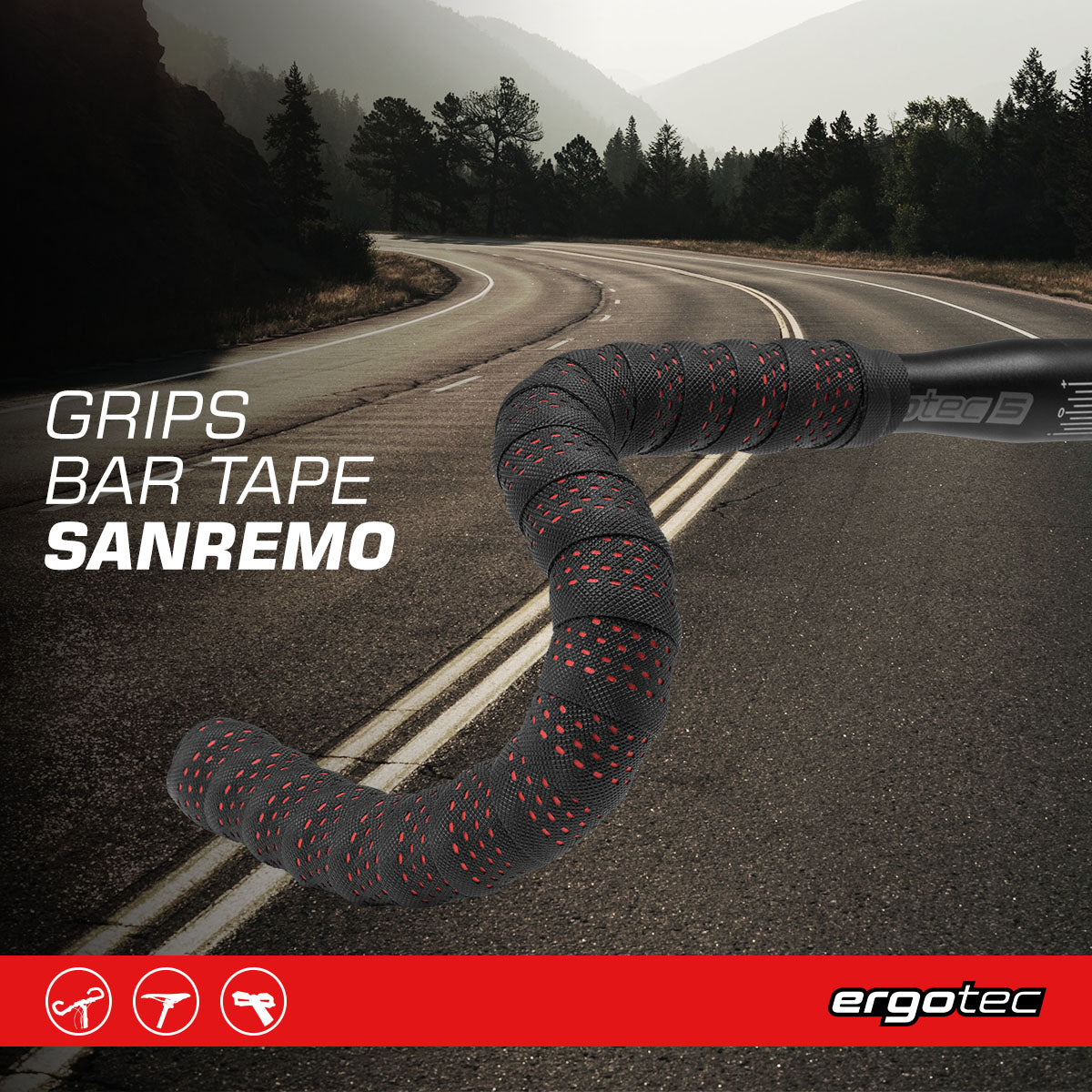 ZEITBIKE Ergotec Sanremo tape grips, 2000mm length, black rubber handlebar grips for bike handlebars, close-up view