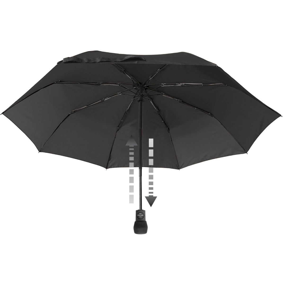 Light Trek automatic hiking umbrella by EuroSCHIRM USA, windproof frame with floating compass and backpack case in open position.