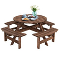Outdoor solid wood round picnic table with four attached benches, ideal for patio and garden dining by HomePacific.