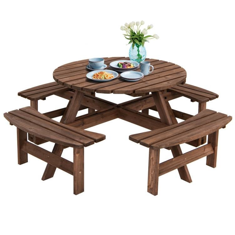 Outdoor solid wood round picnic table with four attached benches, ideal for patio and garden dining by HomePacific.