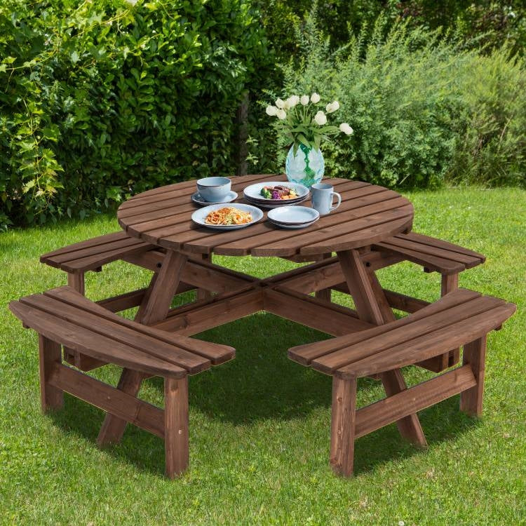 Outdoor solid wood round picnic table with four matching benches, patio garden dining set by HomePacific.