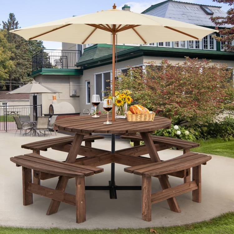 Outdoor solid wood round picnic table with four benches, perfect for patio and garden dining, by HomePacific.