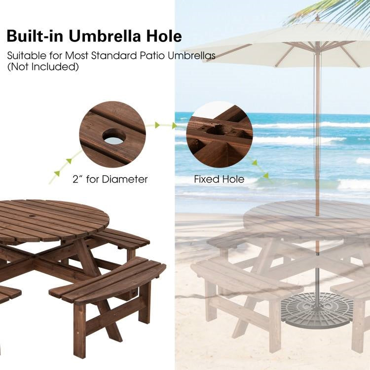 Outdoor solid wood round picnic table with four benches, part of HomePacific patio garden outdoor furniture set.