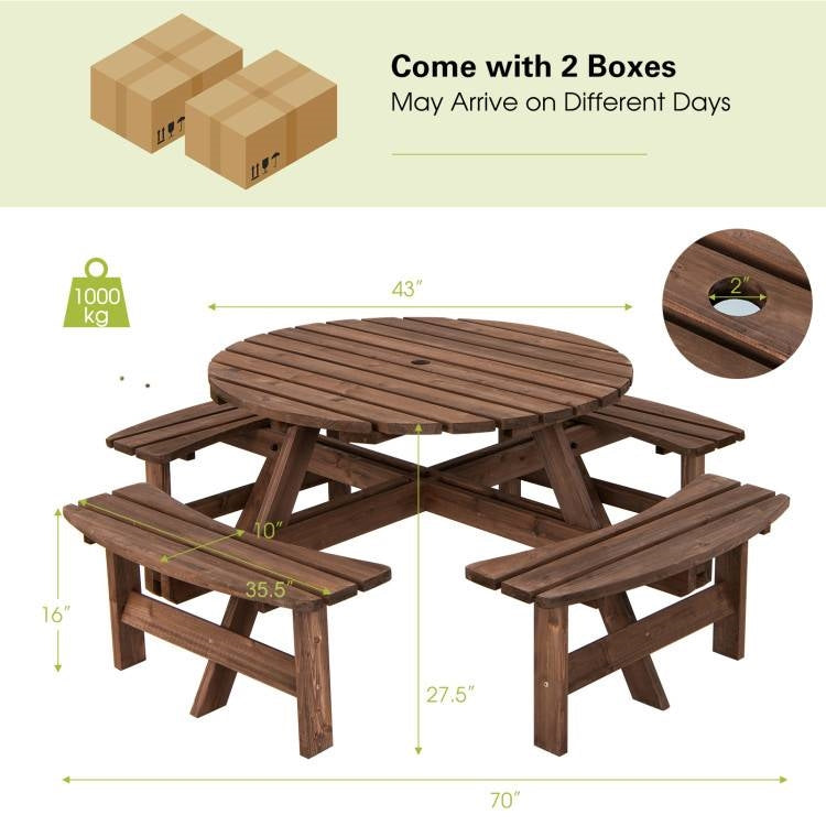 Outdoor solid wood round picnic table with four benches, perfect for patio garden dining from HomePacific.