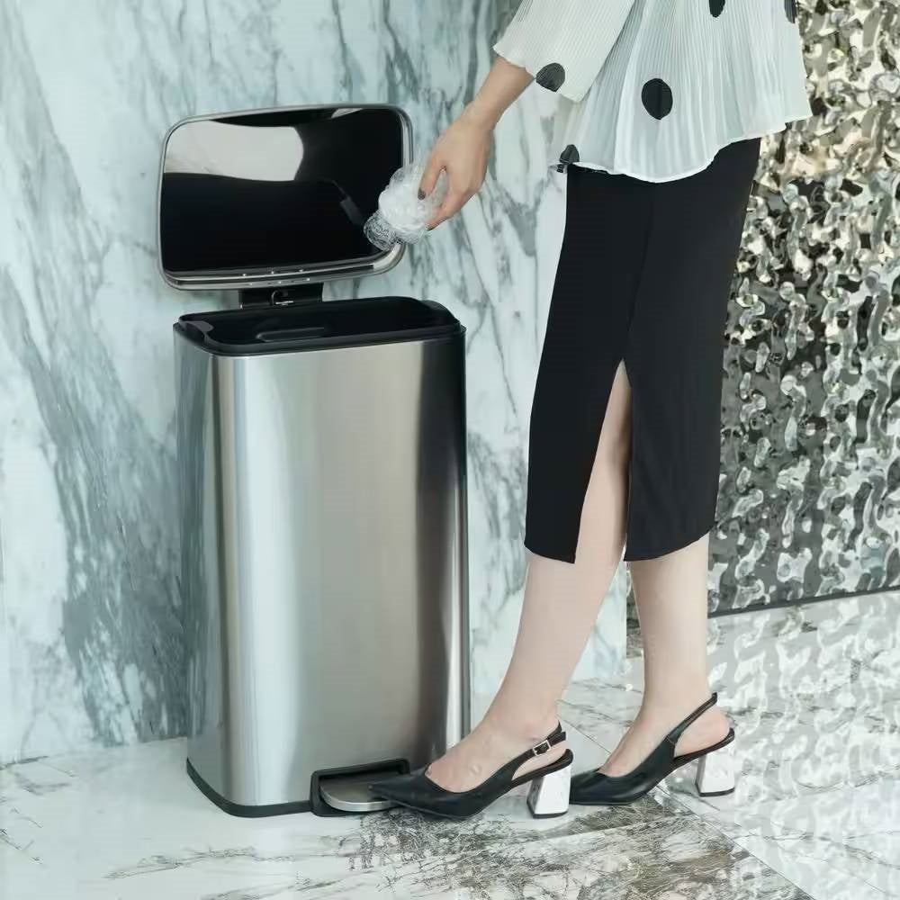 HomePacific 8-gallon stainless steel kitchen trash can with step-on lid, modern design and durable construction for waste disposal