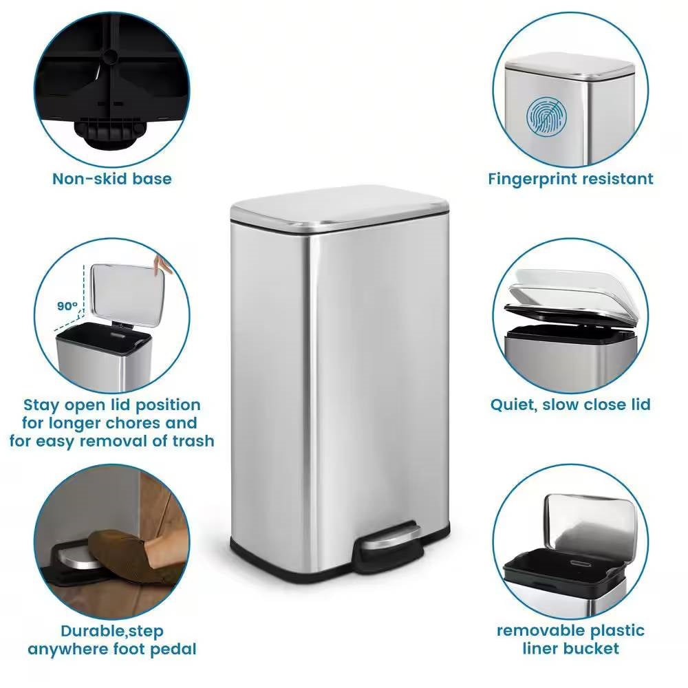 HomePacific 8-gallon stainless steel kitchen trash can with step-on lid, modern design, and durable construction.