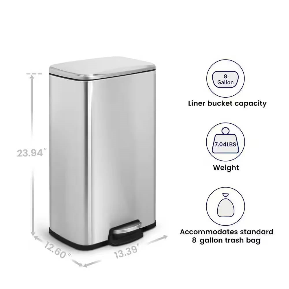 HomePacific 8-gallon stainless steel kitchen trash can with step-on lid, durable and modern for waste disposal.