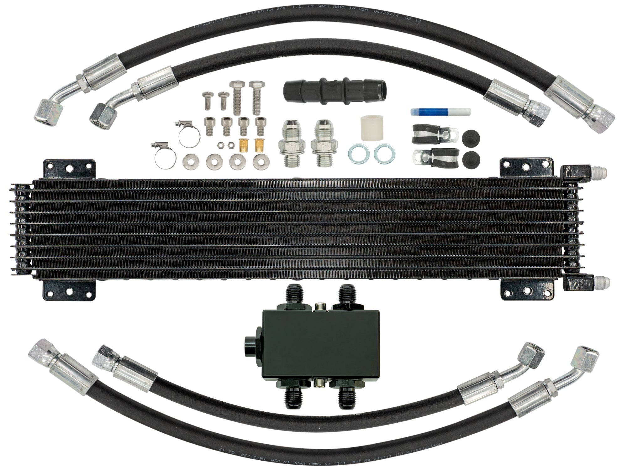 GoWesty external cooler kit for Eurovan automatic transaxle with new thermostat, includes hoses and mounting components.