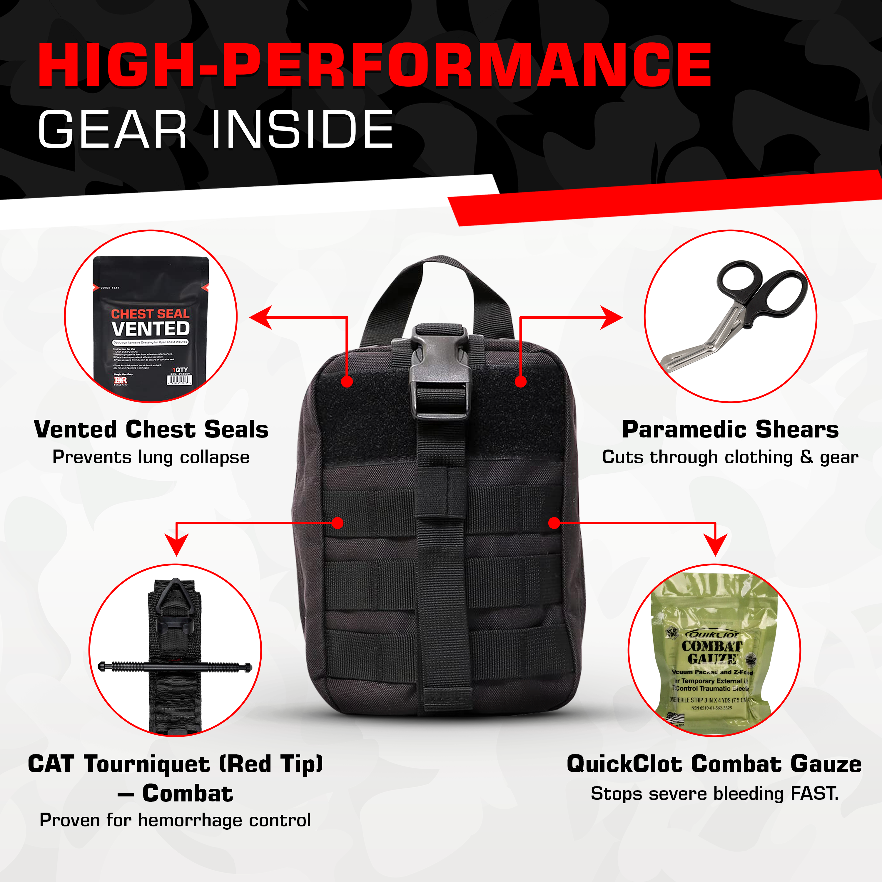 MediTac Kits Premium Trauma IFAK compact first aid kit with CAT tourniquet and chest seals, shown open with medical supplies inside.